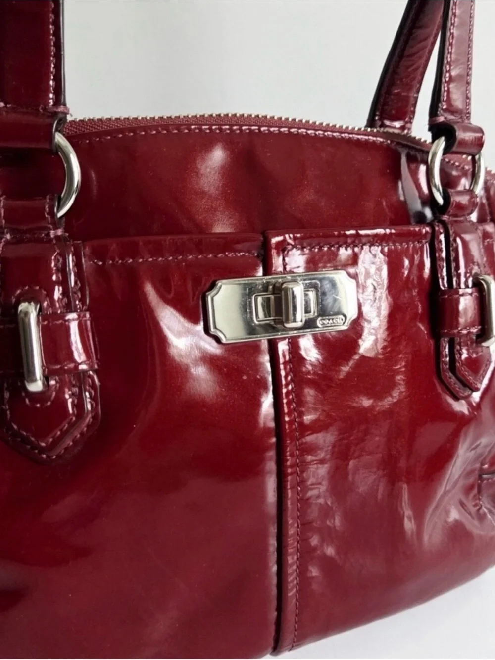 Coach Chelsea Candy Apple Red Patent Leather Satchel Turnlock & Zip Closure